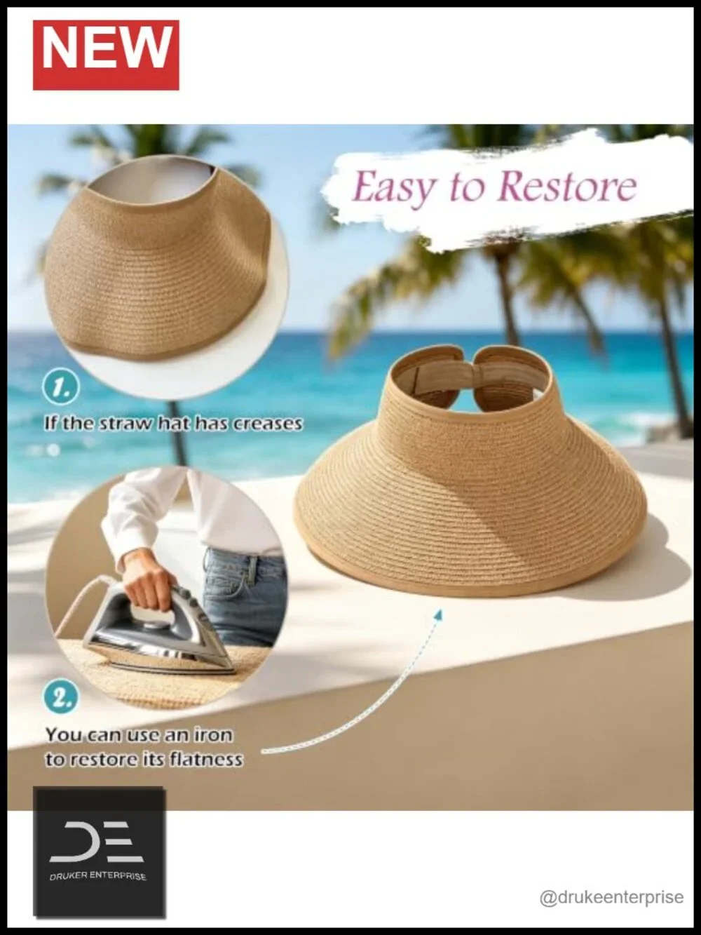 Straw Sun Visor Hat Wide Brim UV Protection Foldable Adjustable Ponytail Summer